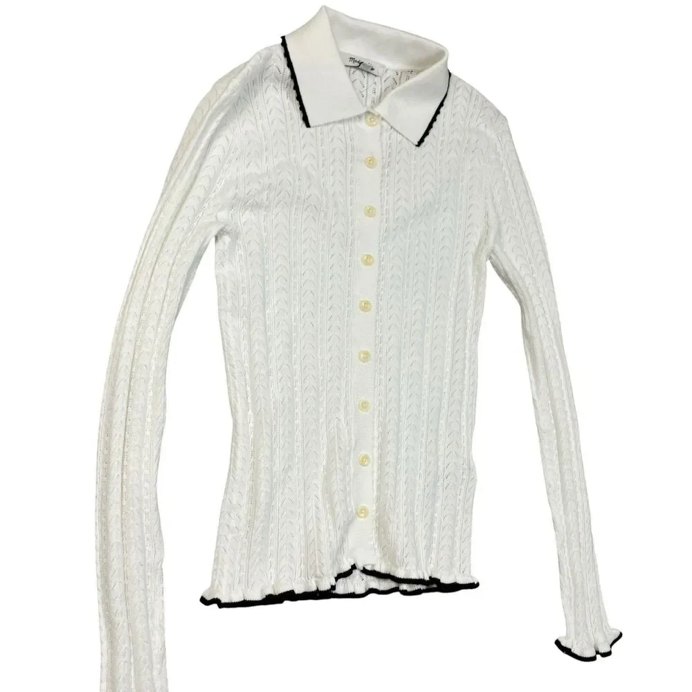Madewell Cardigan Womens XXS White Ruffle Trim Pointelle Peter Pan Preppy NY455